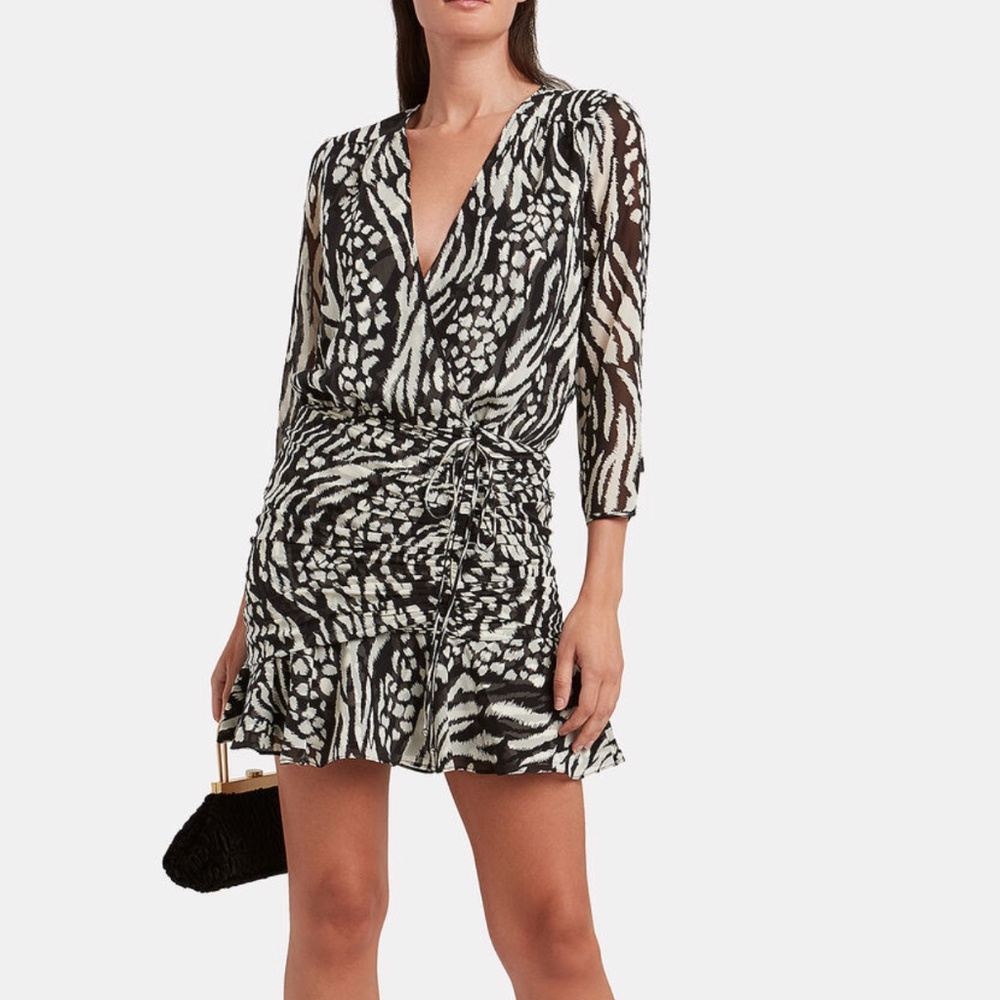 VERONICA BEARD Kiran Silk Animal Print Mini Dress. Size 0. Black & White